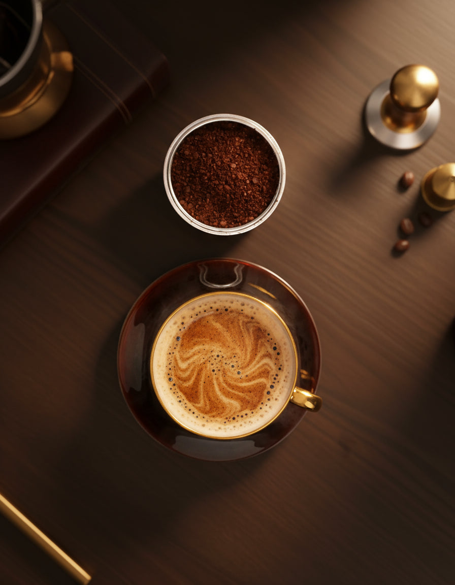 Two coffee cups on a marble tray with a beige background